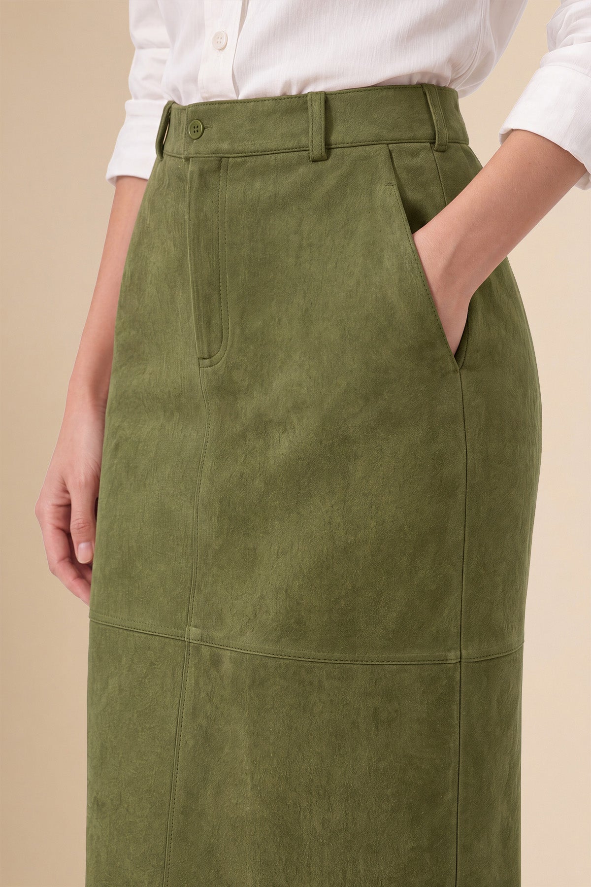 Womens Army Green Suede Maxi Skirt | CicyBell