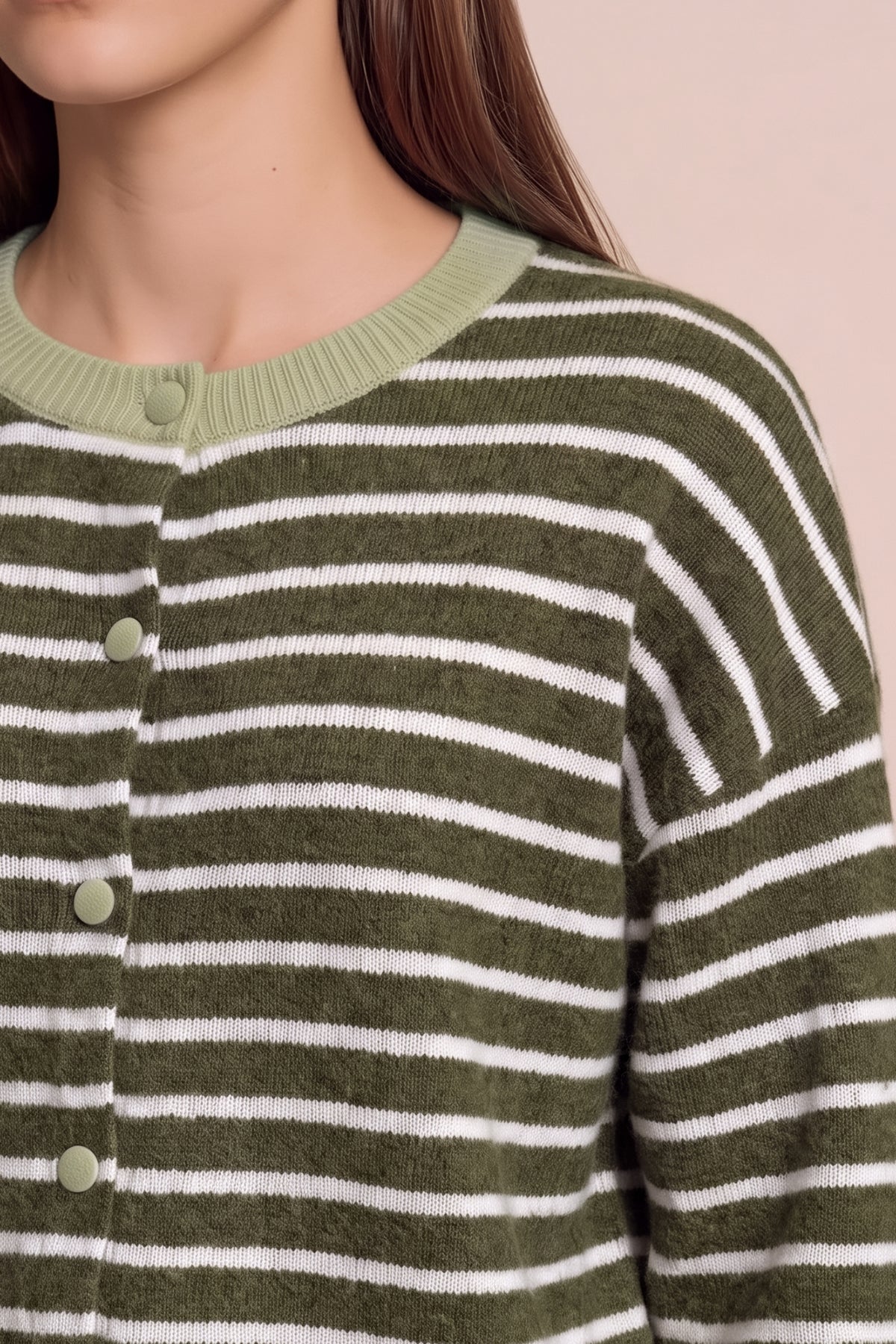 Women Army Green Striped Button Down Sweater | CicyBell