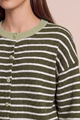 Women Army Green Striped Button Down Sweater | CicyBell
