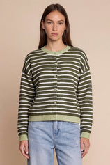 Women Army Green Striped Button Down Sweater | CicyBell