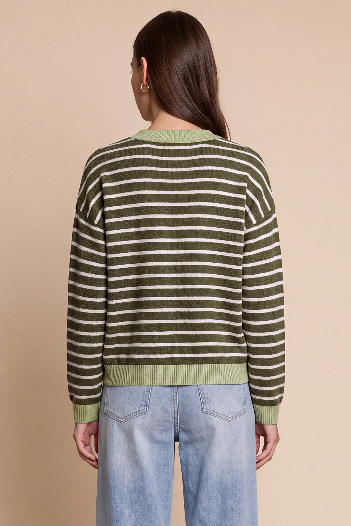 Women Army Green Striped Button Down Sweater | CicyBell