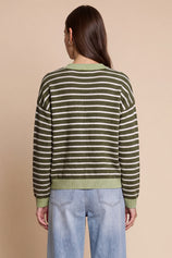 Women Army Green Striped Button Down Sweater | CicyBell