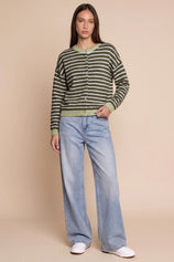 Women Army Green Striped Button Down Sweater | CicyBell