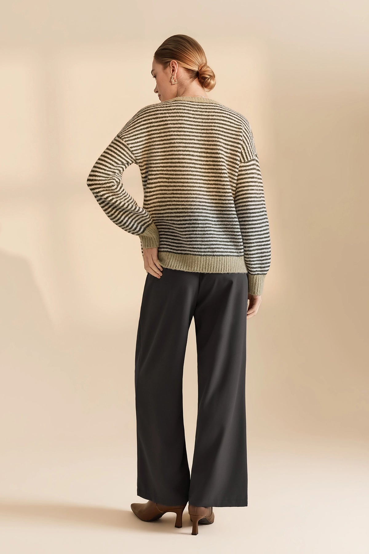 Womens Army Green Color Block Striped Sweater | CicyBell