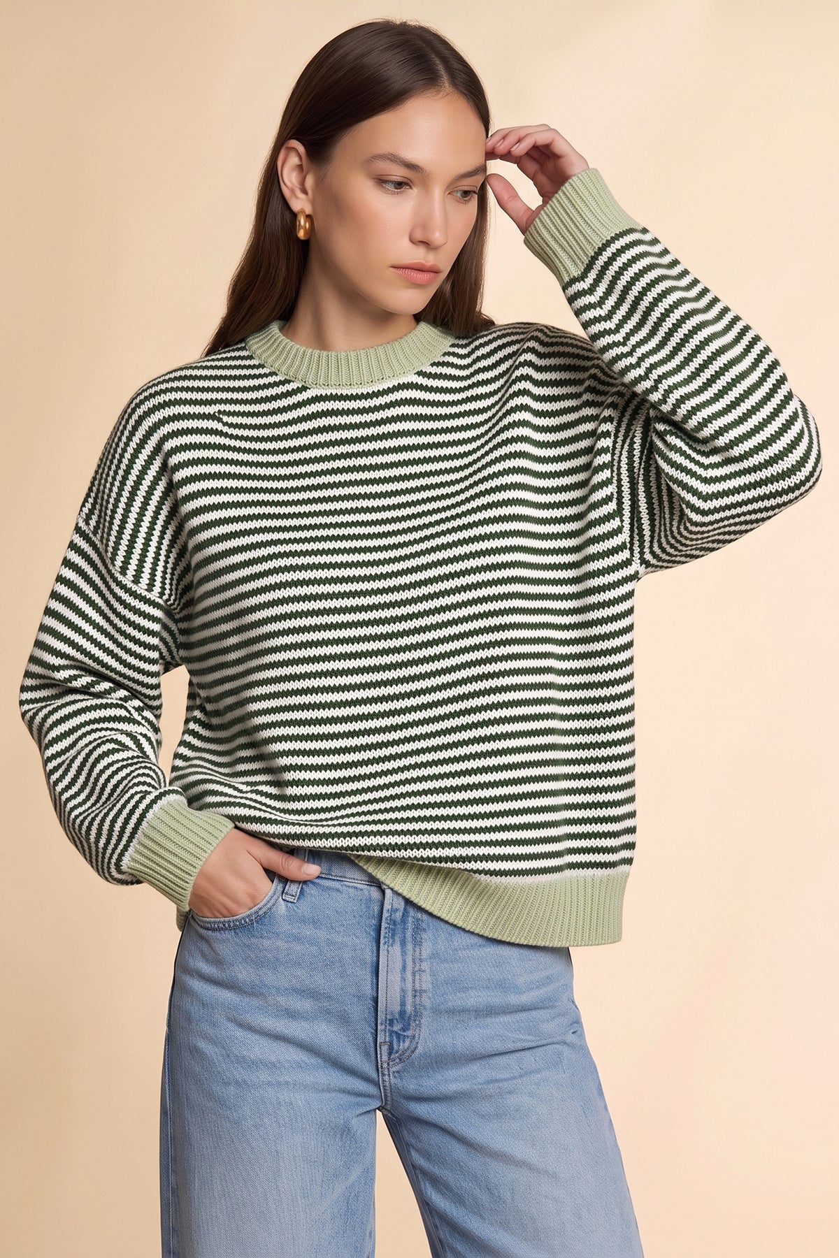 Womens Army Green Color Block Striped Sweater | CicyBell
