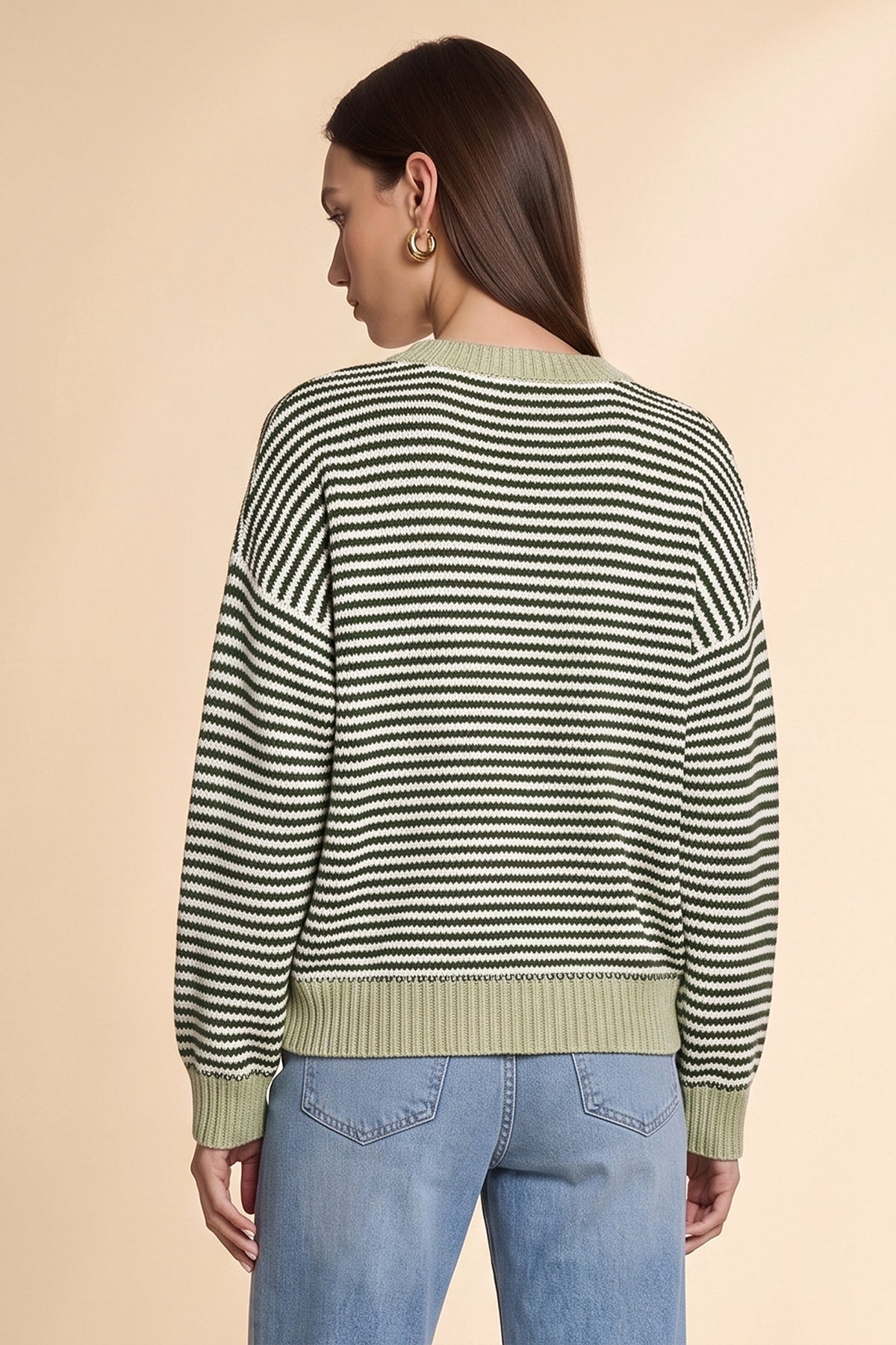 Womens Army Green Color Block Striped Sweater | CicyBell
