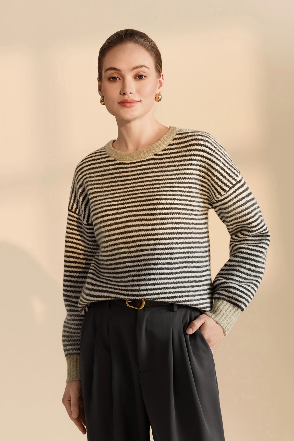 Womens Army Green Color Block Striped Sweater | CicyBell