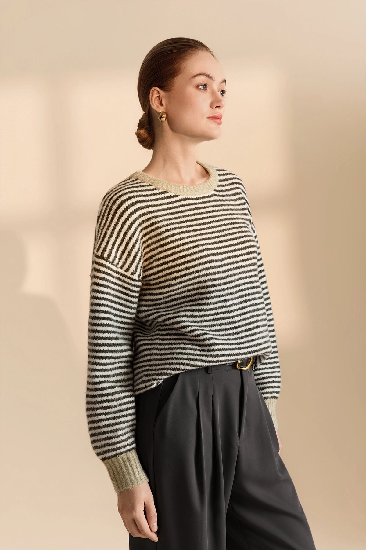 Womens Army Green Color Block Striped Sweater | CicyBell