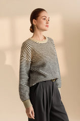 Womens Army Green Color Block Striped Sweater | CicyBell