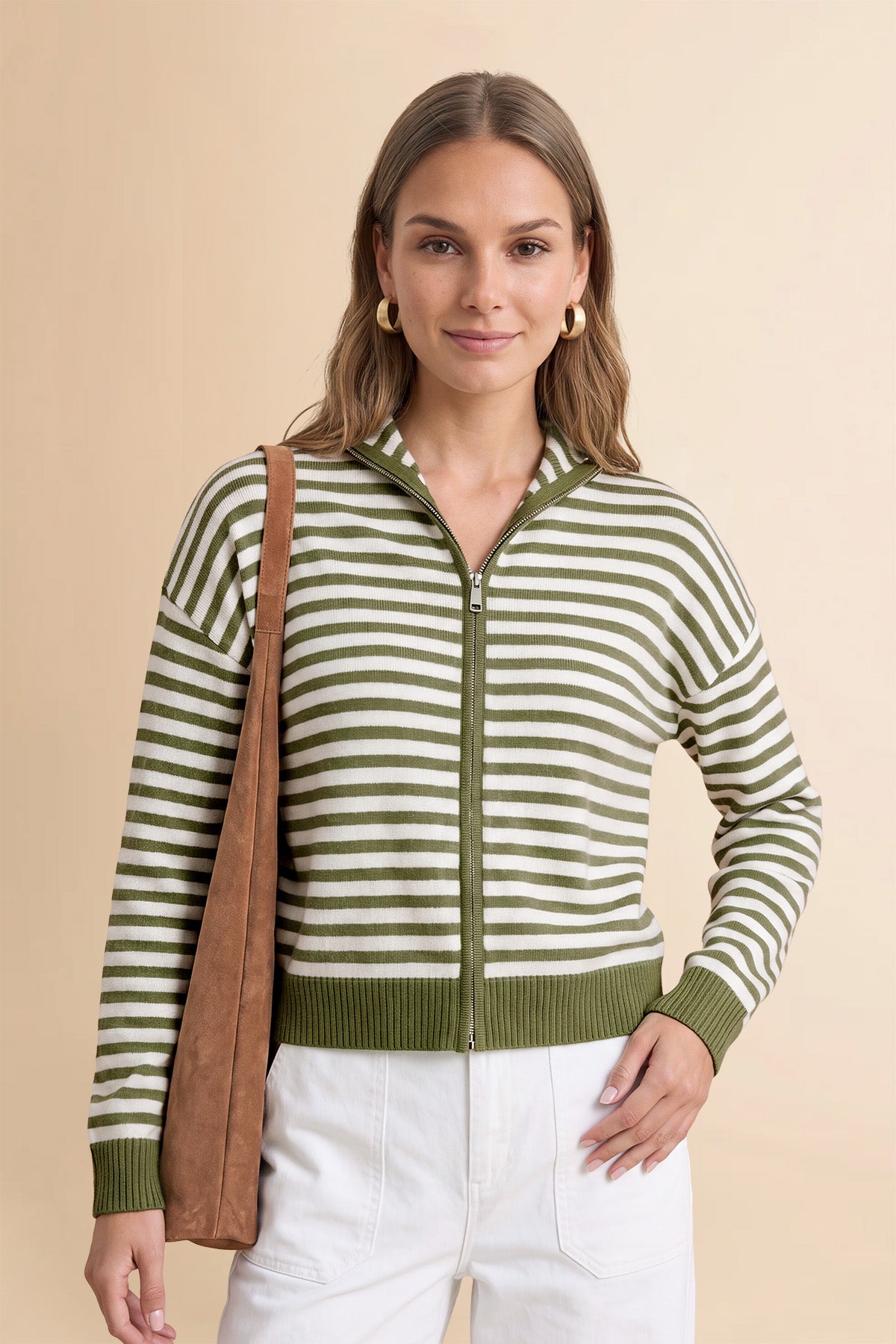 Womens Army Green Striped Cardigan Sweaters | CicyBell