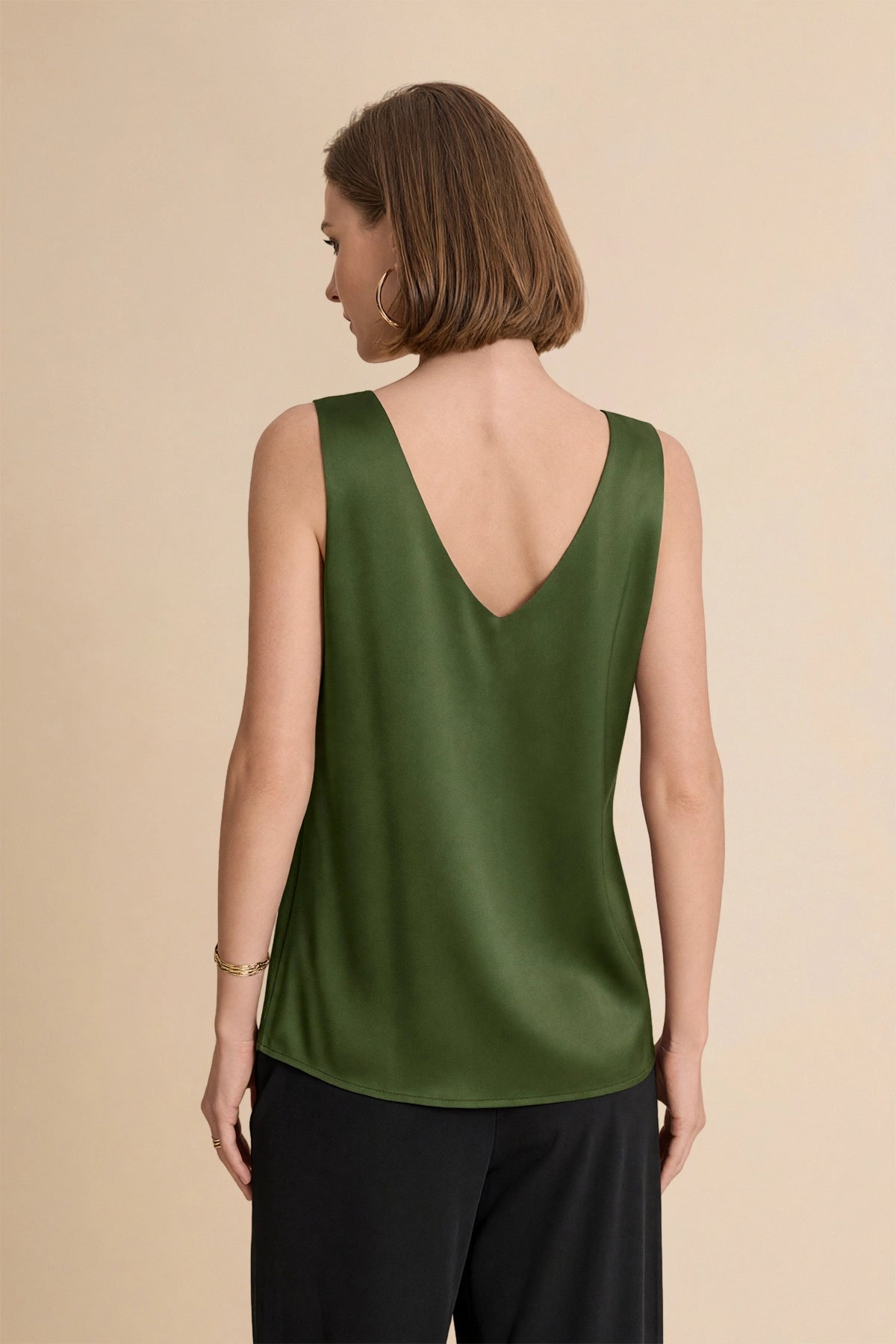 Womens Army Green V Neck Satin Tank Tops  | CicyBell