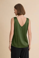 Womens Army Green V Neck Satin Tank Tops  | CicyBell