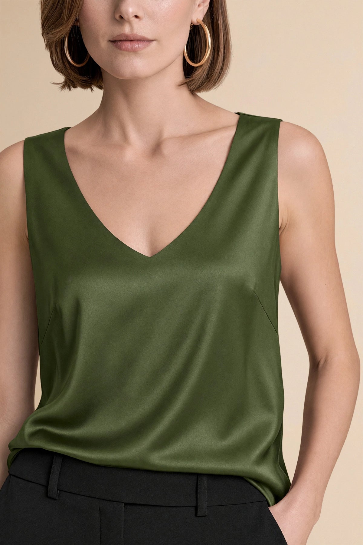 Womens Army Green V Neck Satin Tank Tops  | CicyBell