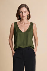 Womens Army Green V Neck Satin Tank Tops  | CicyBell