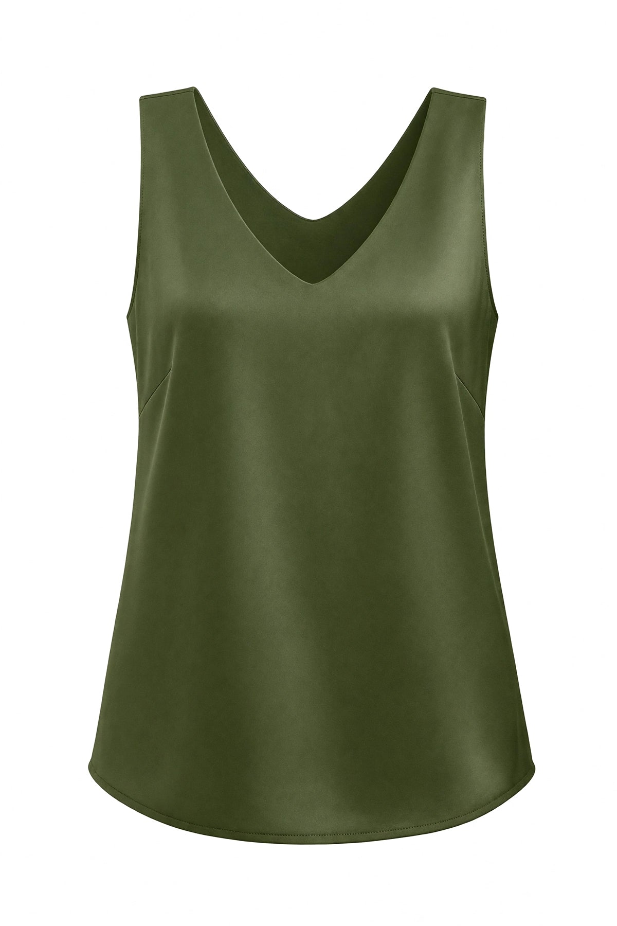 Womens Army Green V Neck Satin Tank Tops  | CicyBell