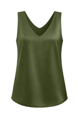 Womens Army Green V Neck Satin Tank Tops  | CicyBell