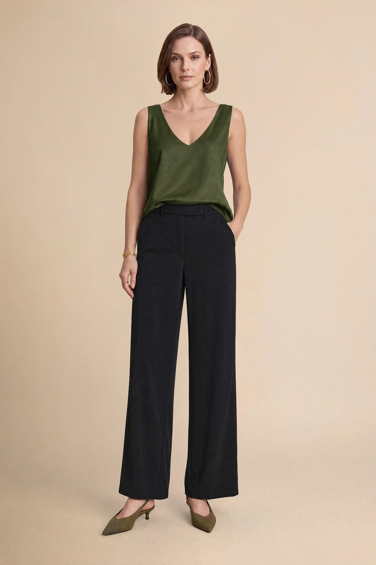 Womens Army Green V Neck Satin Tank Tops  | CicyBell