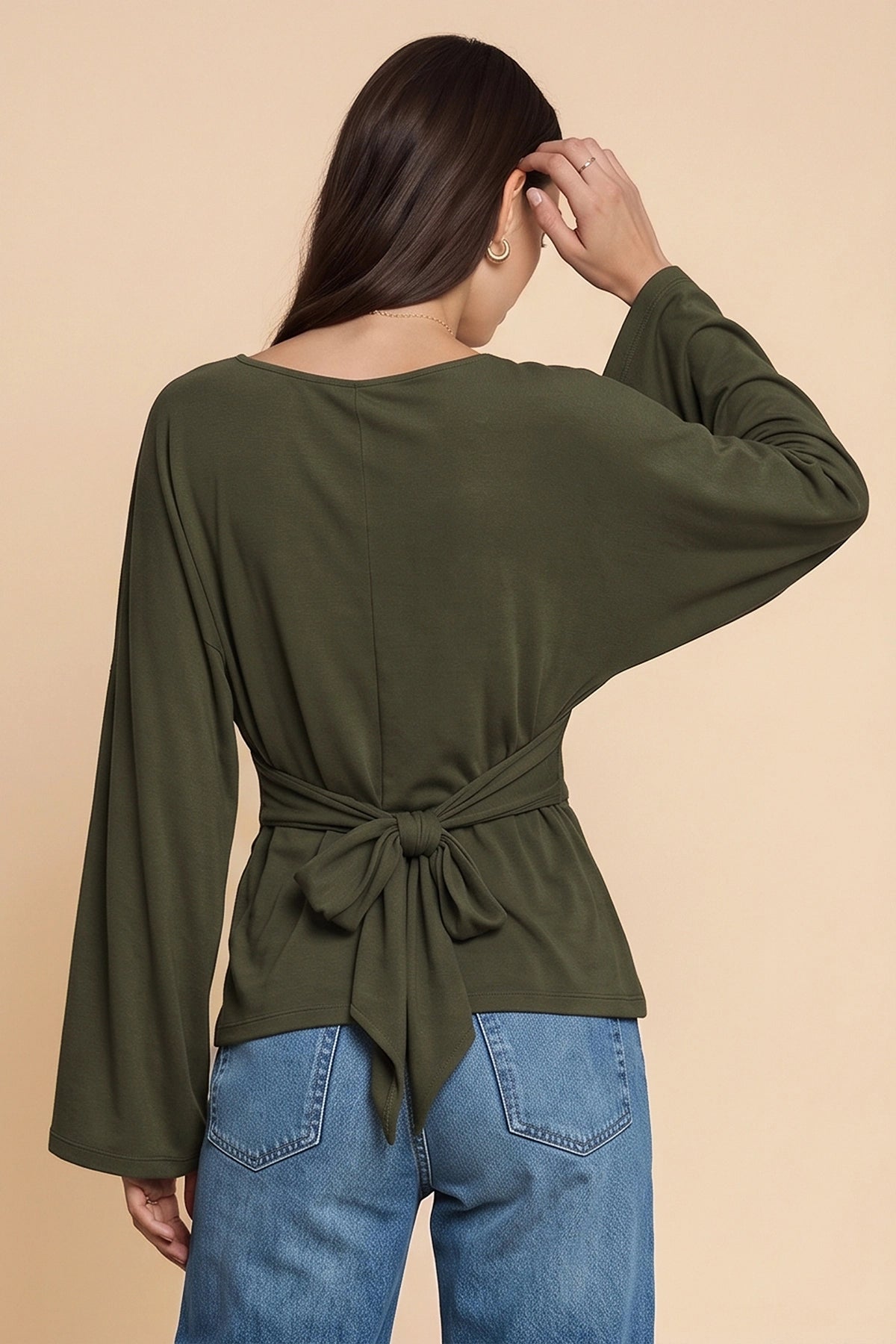 Women Army Green Long Sleeve Wrap Tops | CicyBell