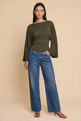 Women Army Green Long Sleeve Wrap Tops | CicyBell
