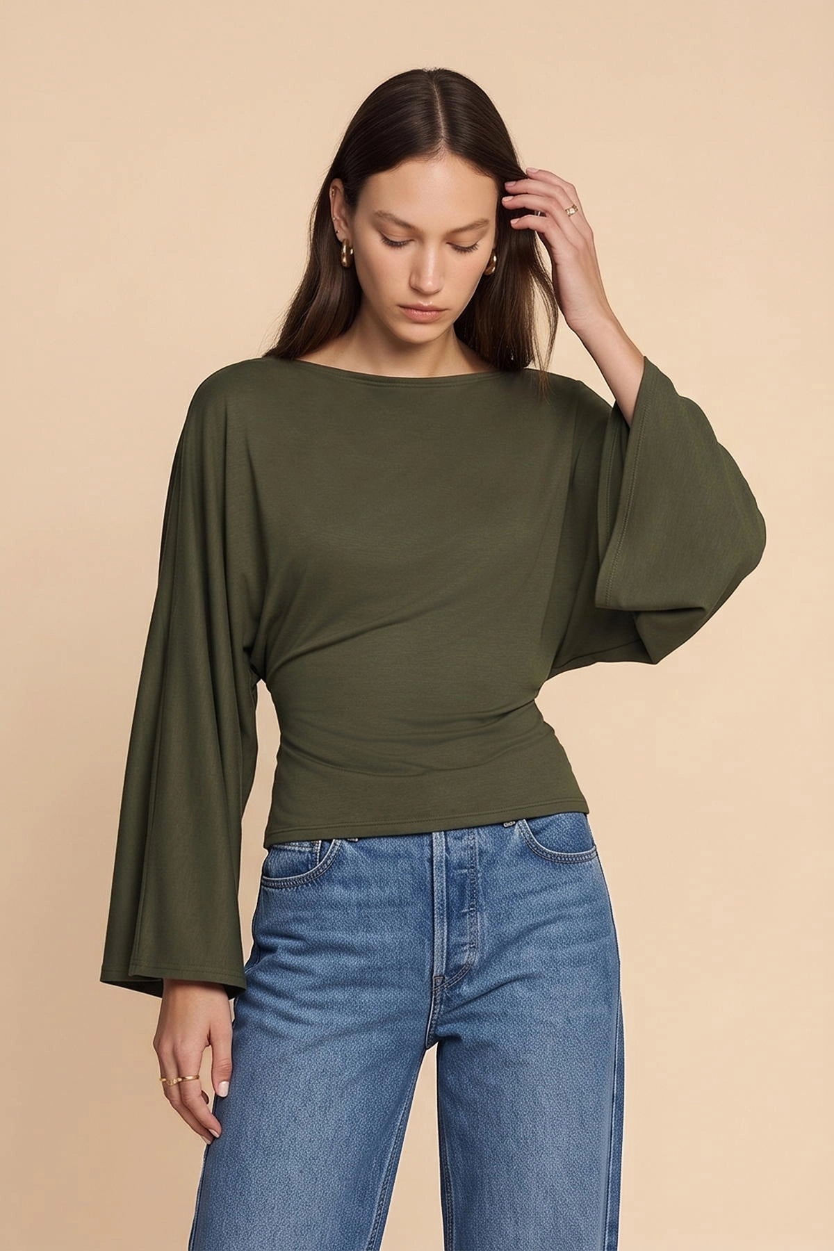 Women Army Green Long Sleeve Wrap Tops | CicyBell