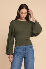 Women Army Green Long Sleeve Wrap Tops | CicyBell