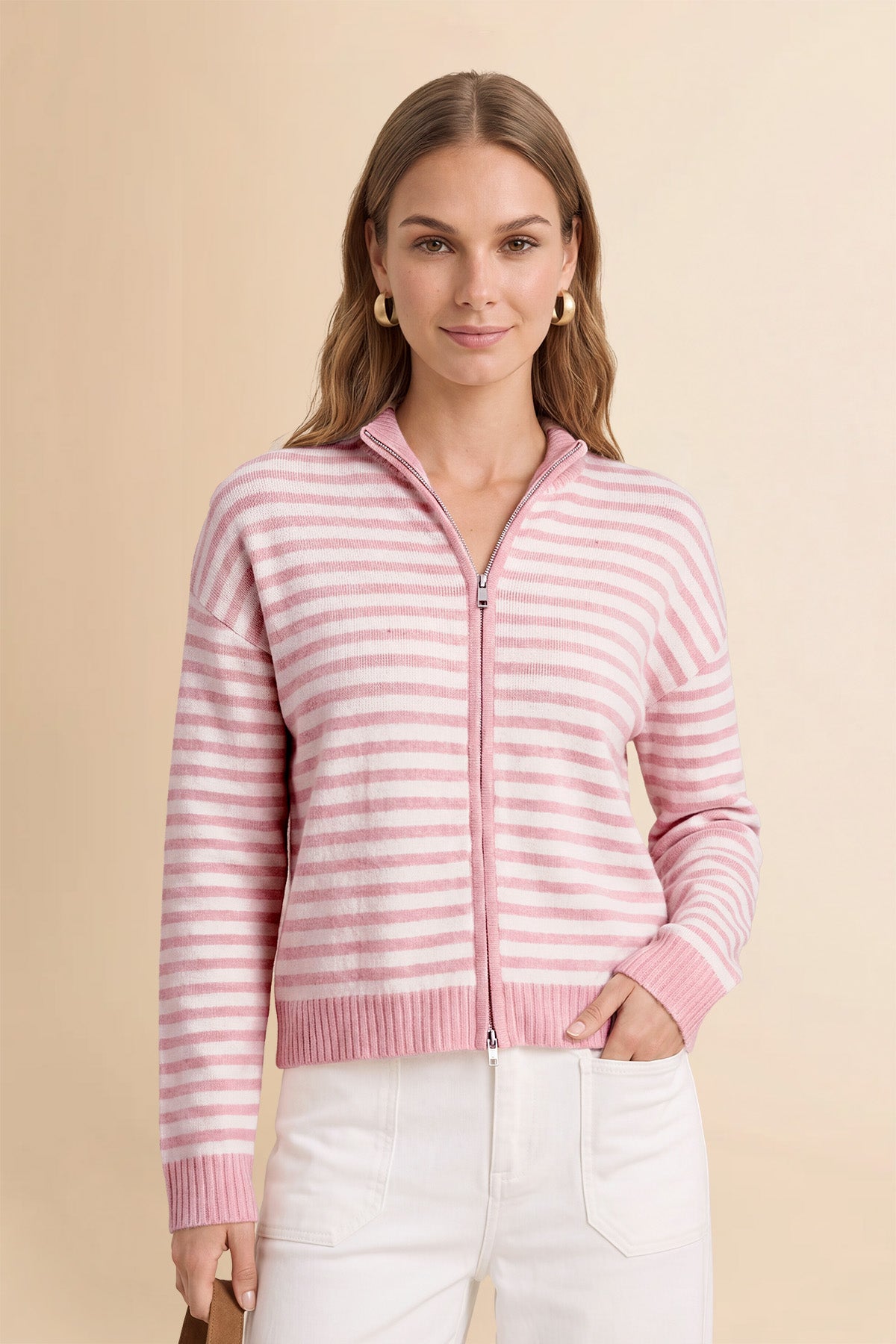 Womens Bean Paste Striped Cardigan Sweaters | CicyBell