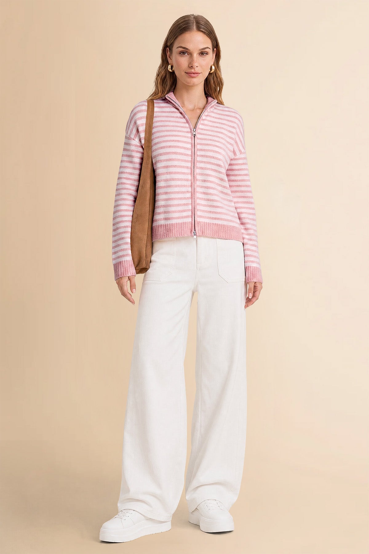 Womens Bean Paste Striped Cardigan Sweaters | CicyBell