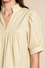 Womens Beige Puff Sleeve V Neck Blouse | CicyBell
