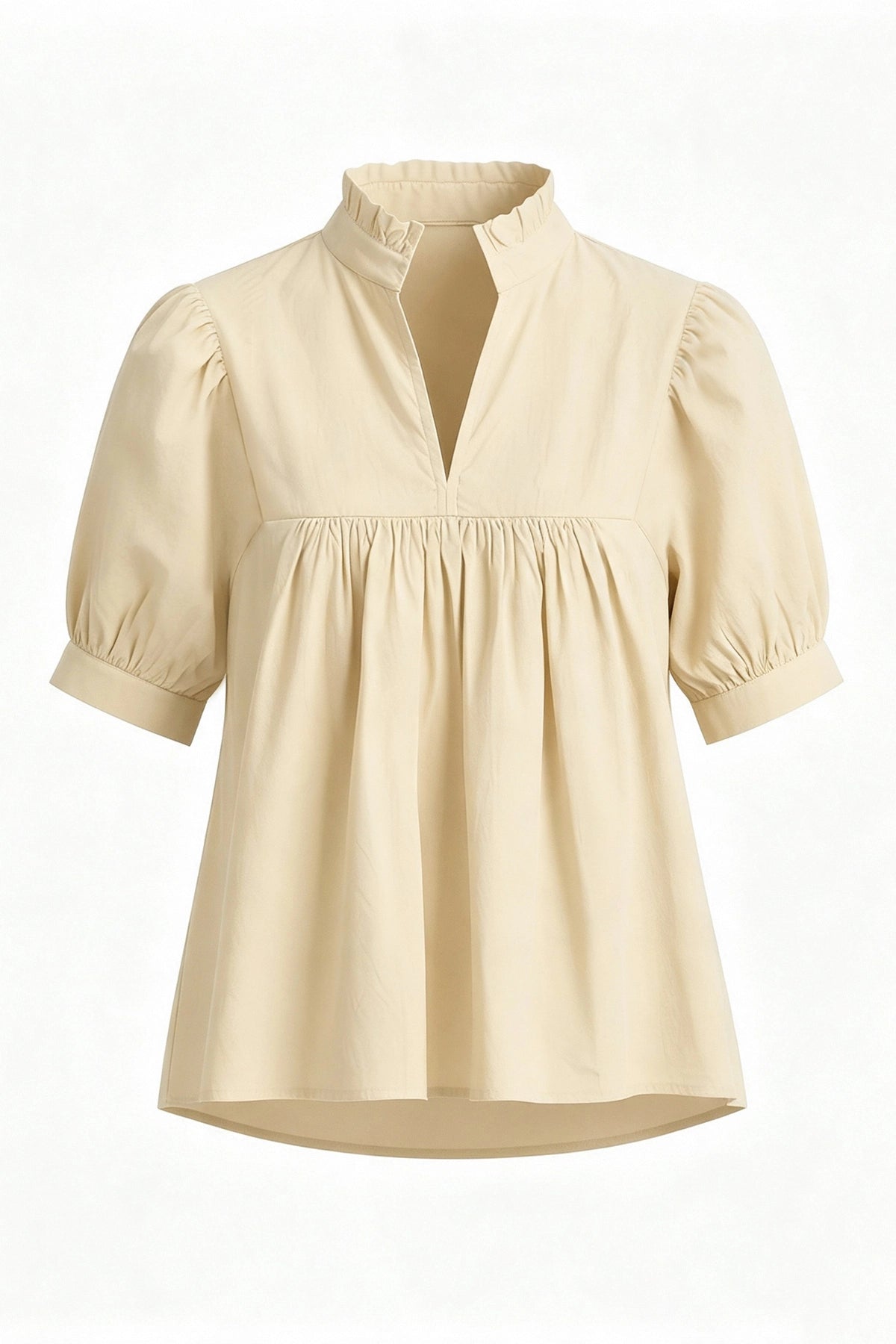Womens Beige Puff Sleeve V Neck Blouse | CicyBell