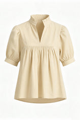 Womens Beige Puff Sleeve V Neck Blouse | CicyBell