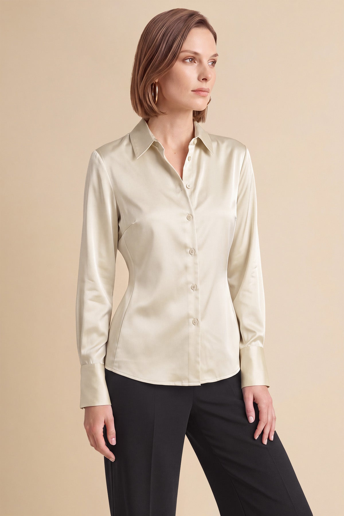 Womens Beige Satin Button Down Shirt | CicyBell