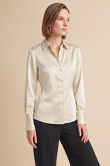 Womens Beige Satin Button Down Shirt | CicyBell