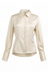 Womens Beige Satin Button Down Shirt | CicyBell