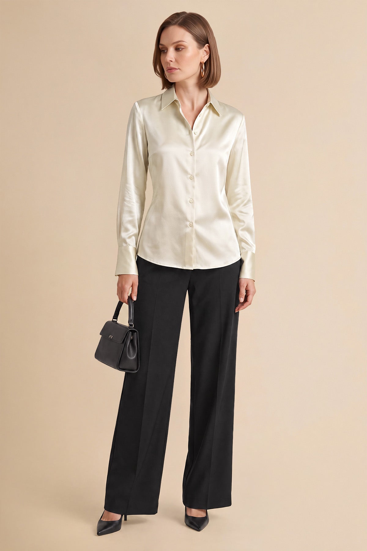 Womens Beige Satin Button Down Shirt | CicyBell
