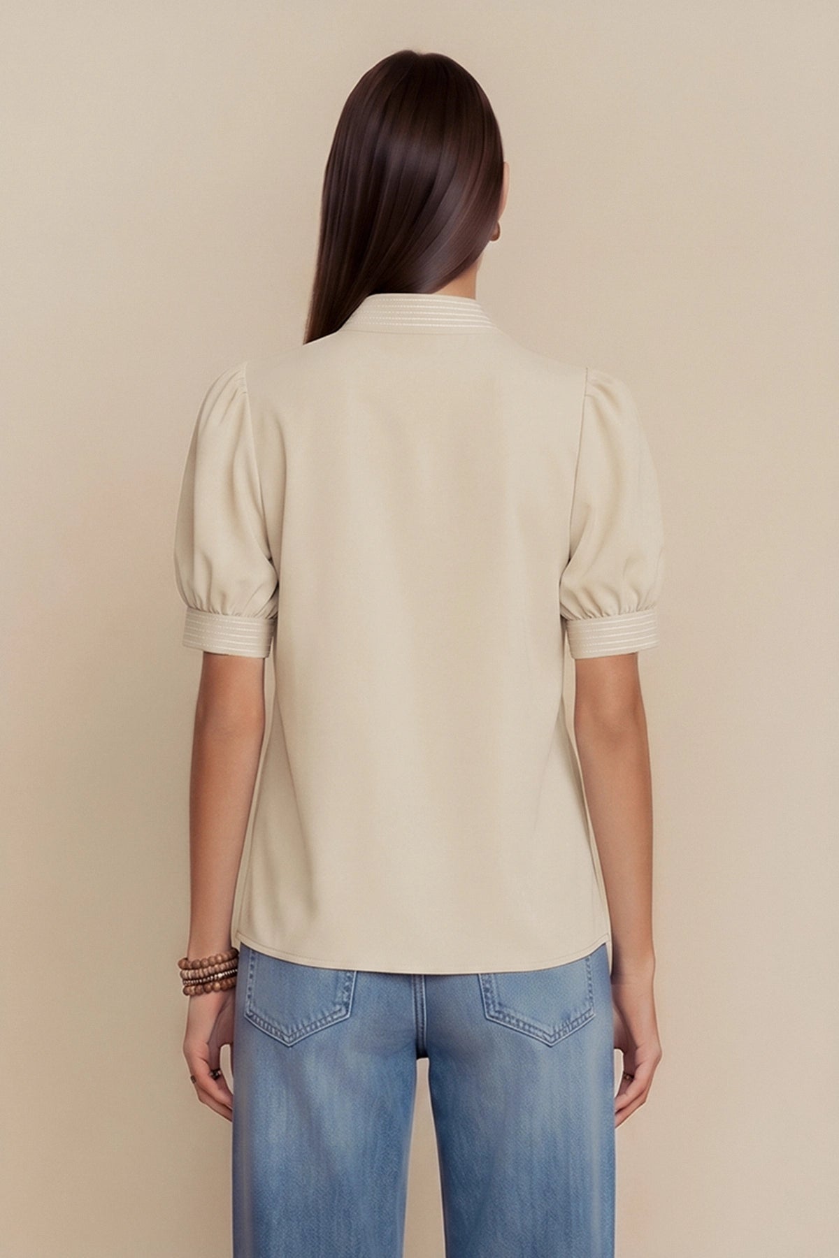 Womens Beige Puff Short Sleeve Blouses | CicyBell