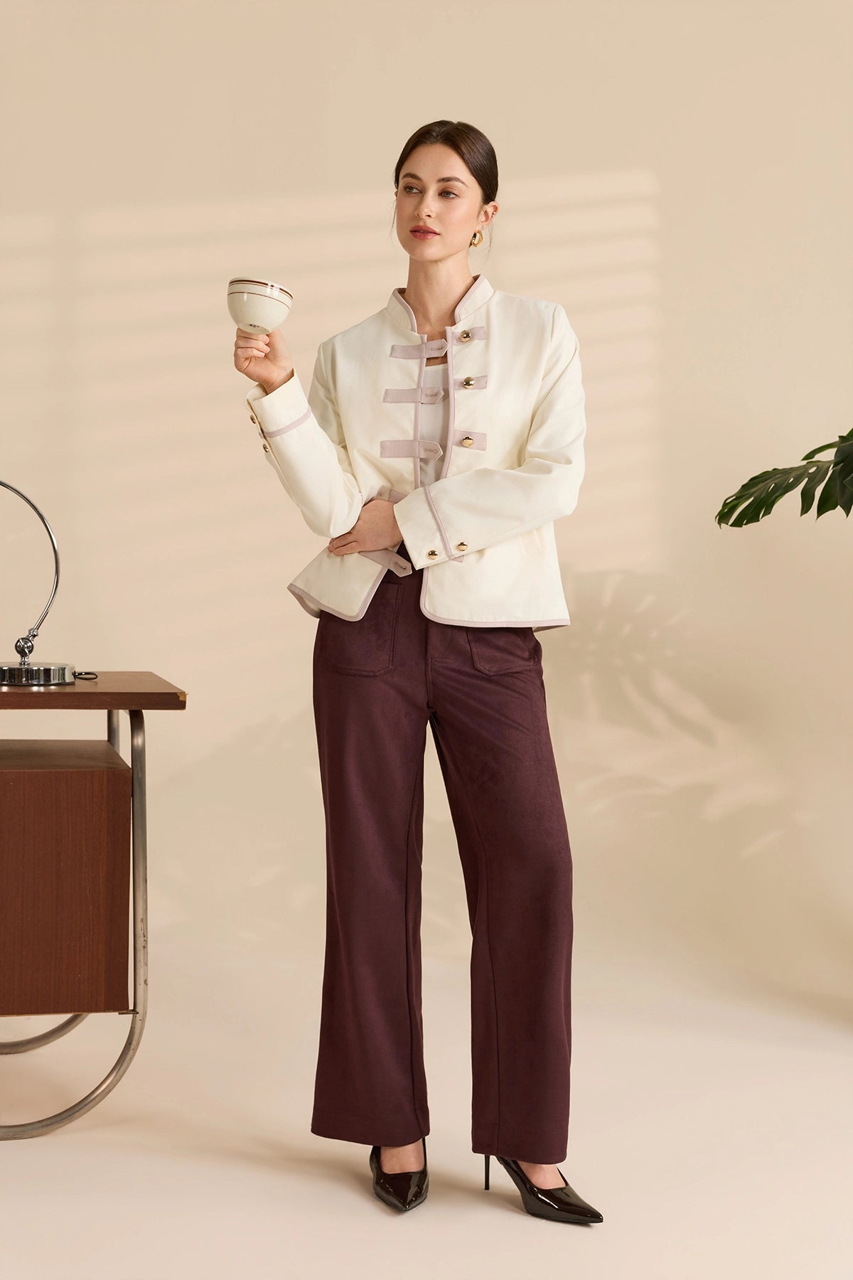 Womens Beige Napoleon Cropped Collar Vintage Coats | Cicy Bell