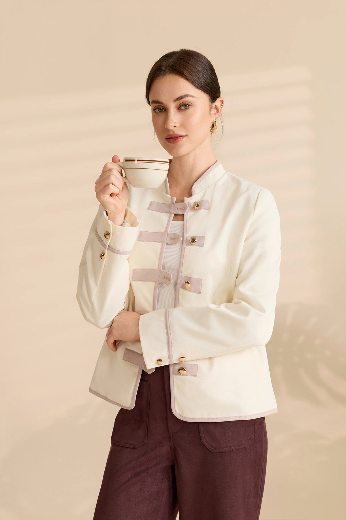 Womens Beige Napoleon Cropped Collar Vintage Coats | Cicy Bell