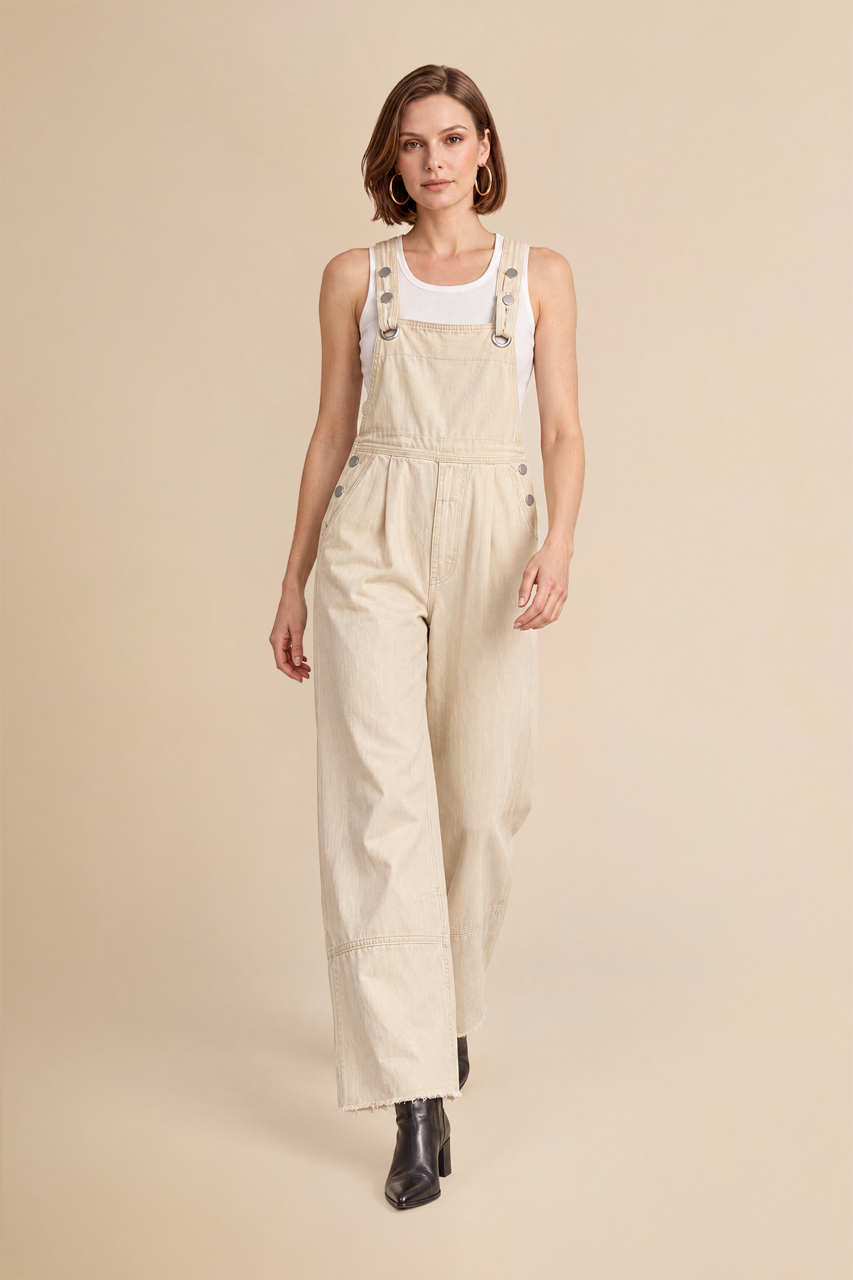 Womens Beige Wide Leg Denim Overalls | CicyBell