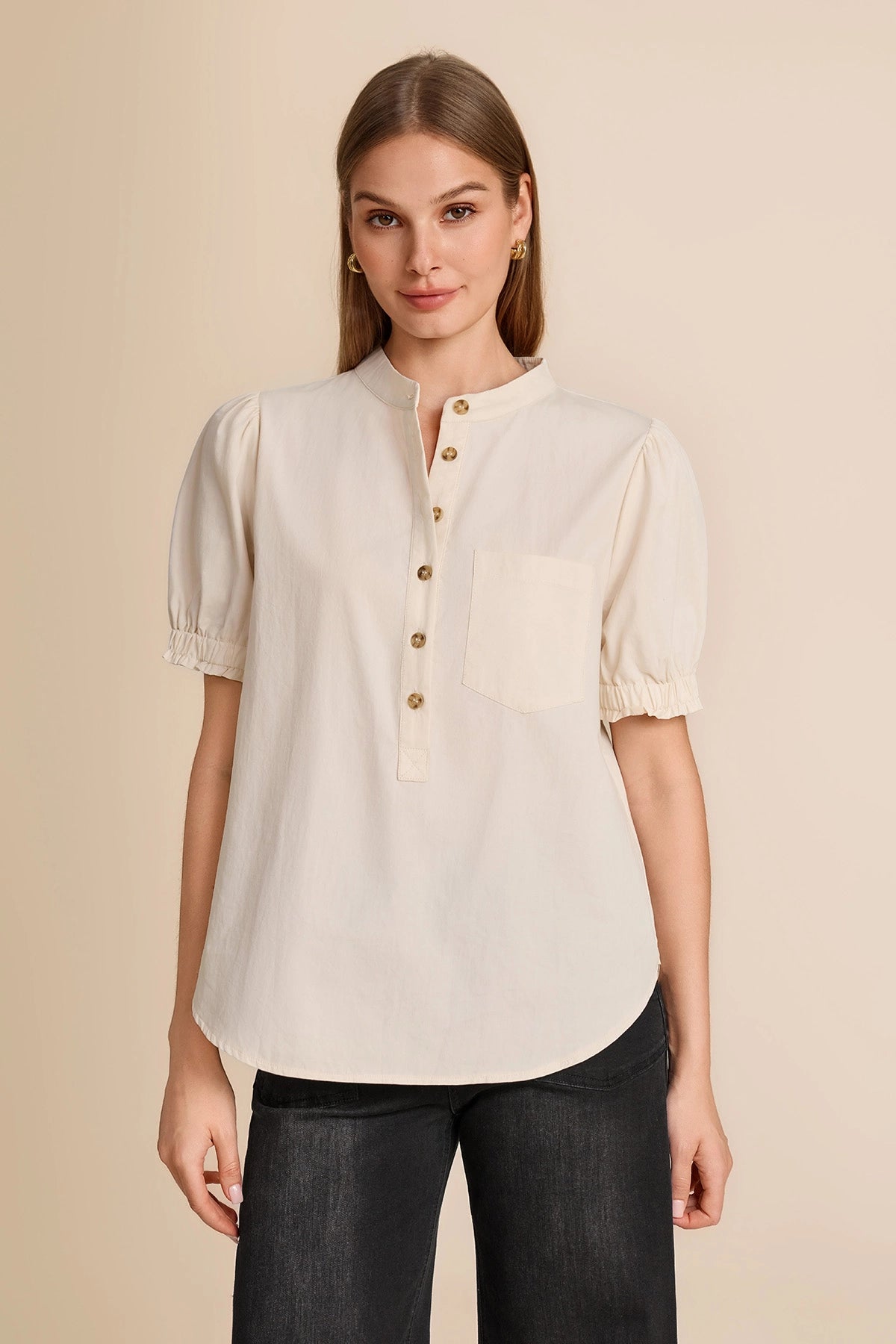 Womens Beige Puff Short Sleeve Blouses | CicyBell