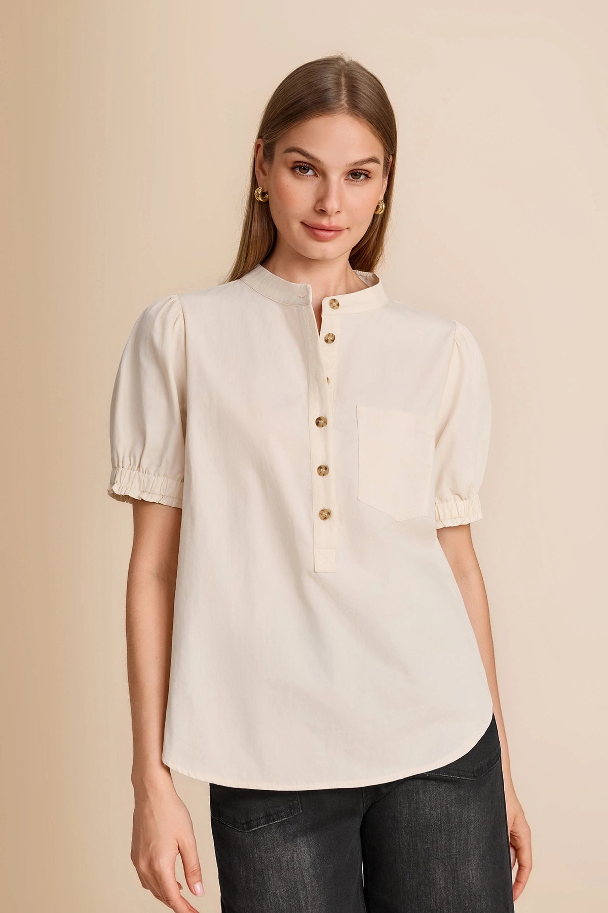 Womens Beige Puff Short Sleeve Blouses | CicyBell