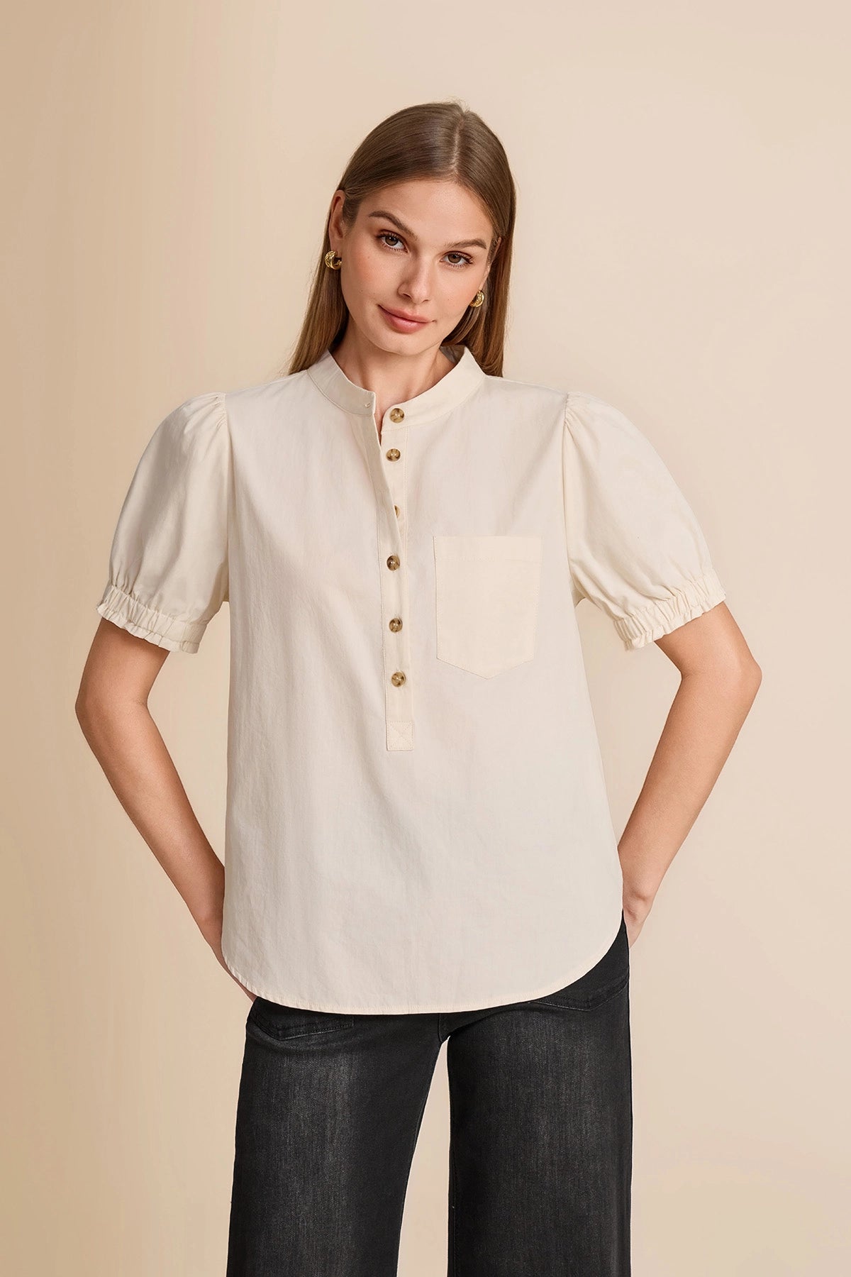 Womens Beige Puff Short Sleeve Blouses | CicyBell