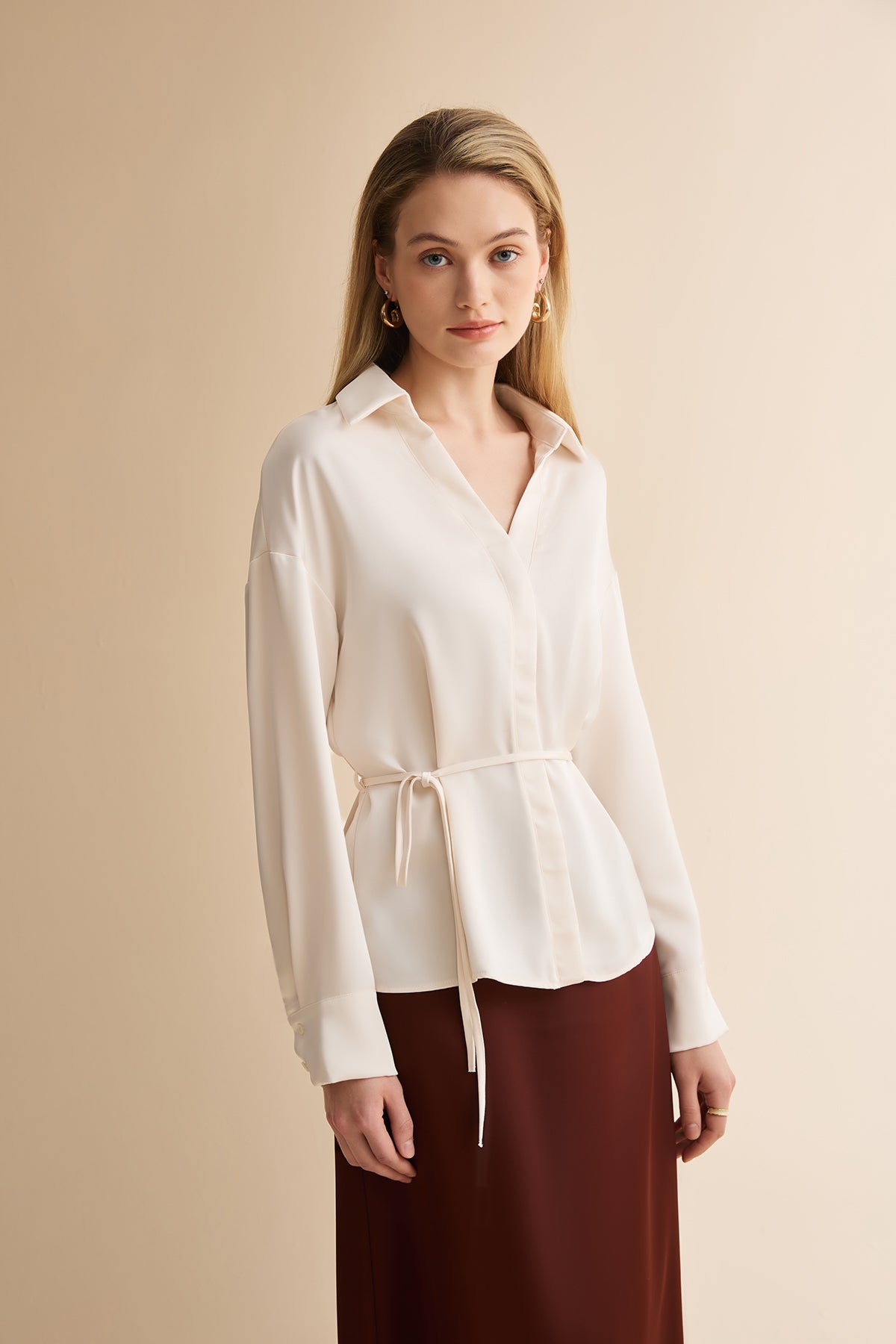 Womens Beige Satin Button Down Shirts | CicyBell