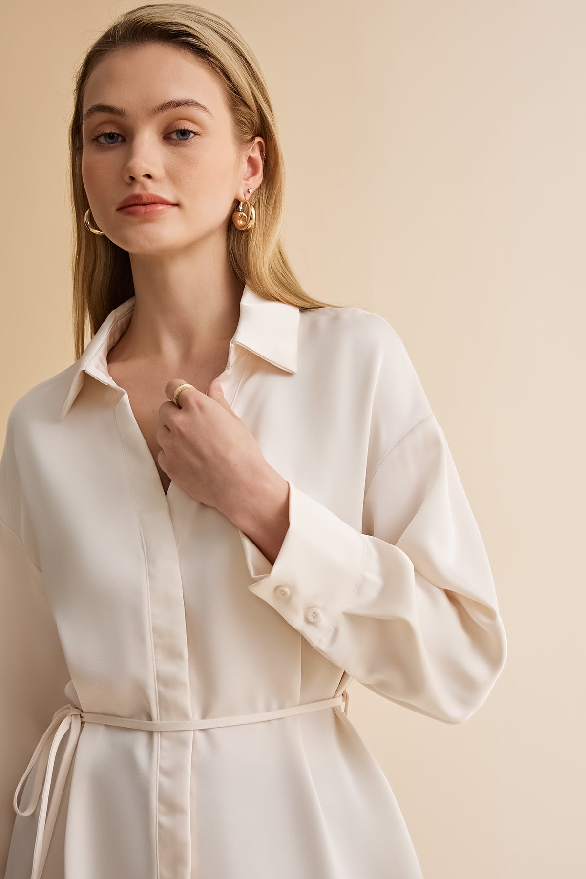 Womens Beige Satin Button Down Shirts | CicyBell