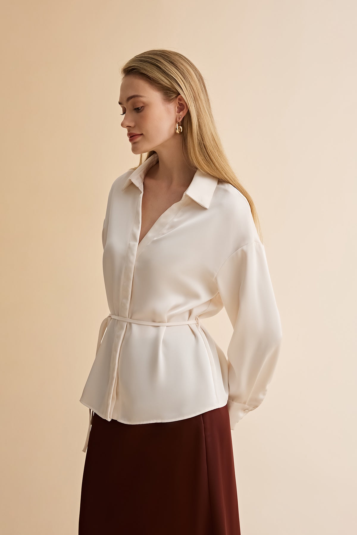 Womens Beige Satin Button Down Shirts | CicyBell