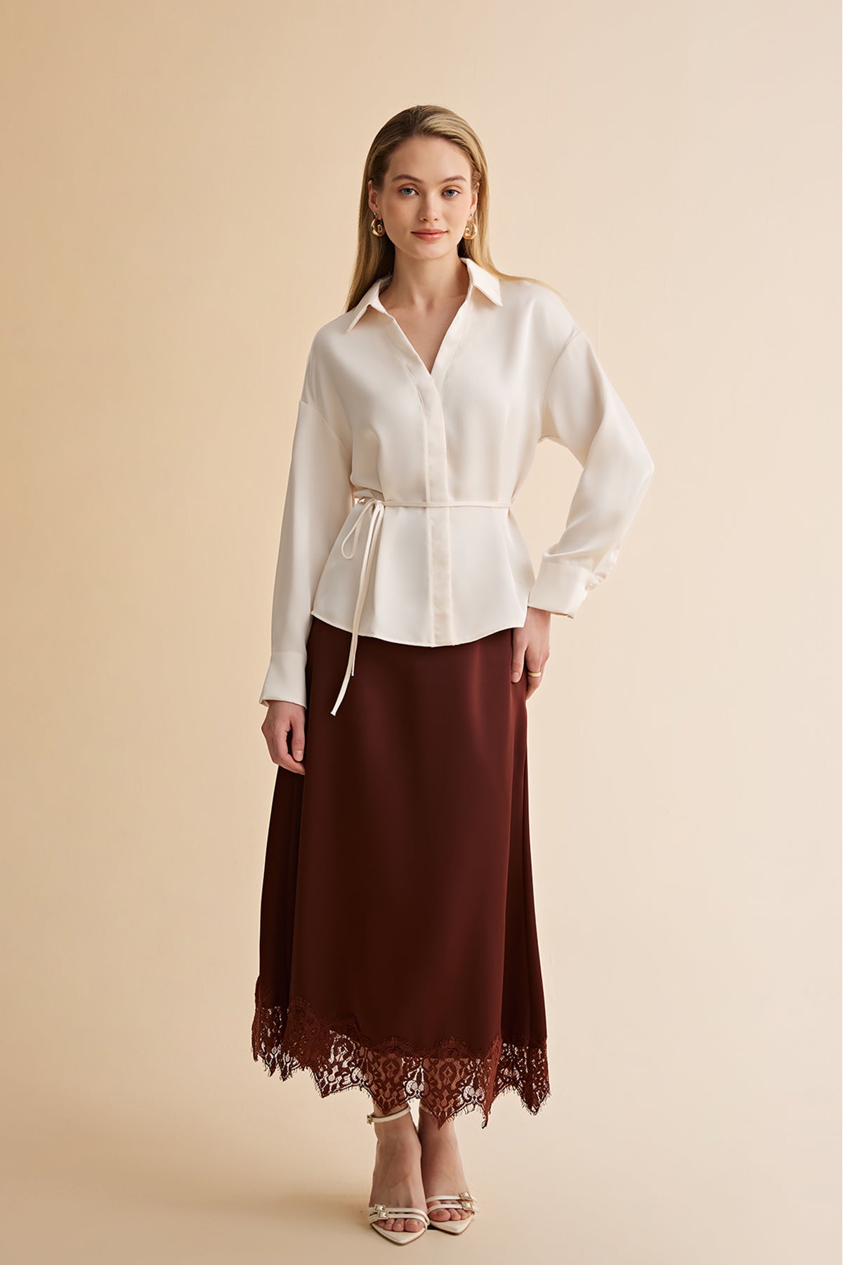 Womens Beige Satin Button Down Shirts | CicyBell