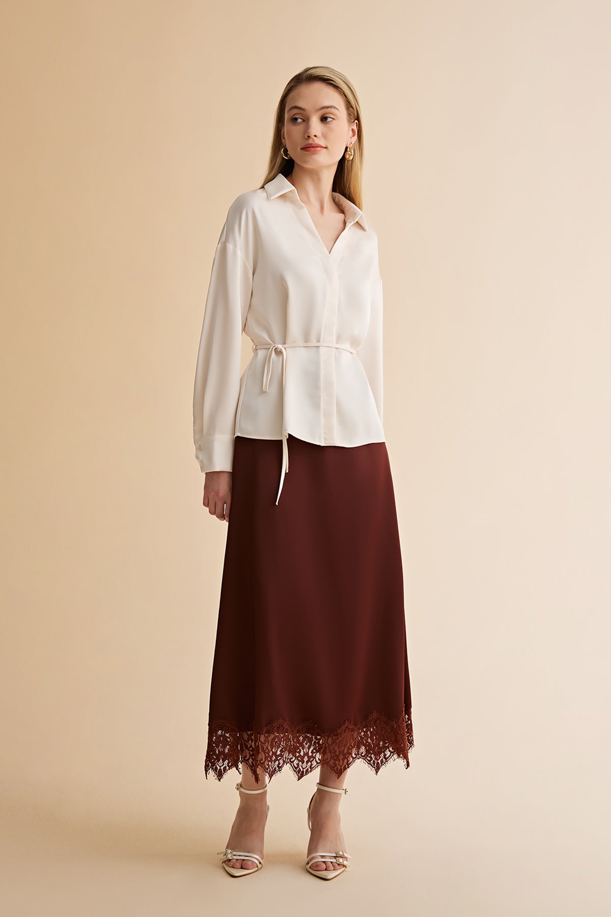Womens Beige Satin Button Down Shirts | CicyBell