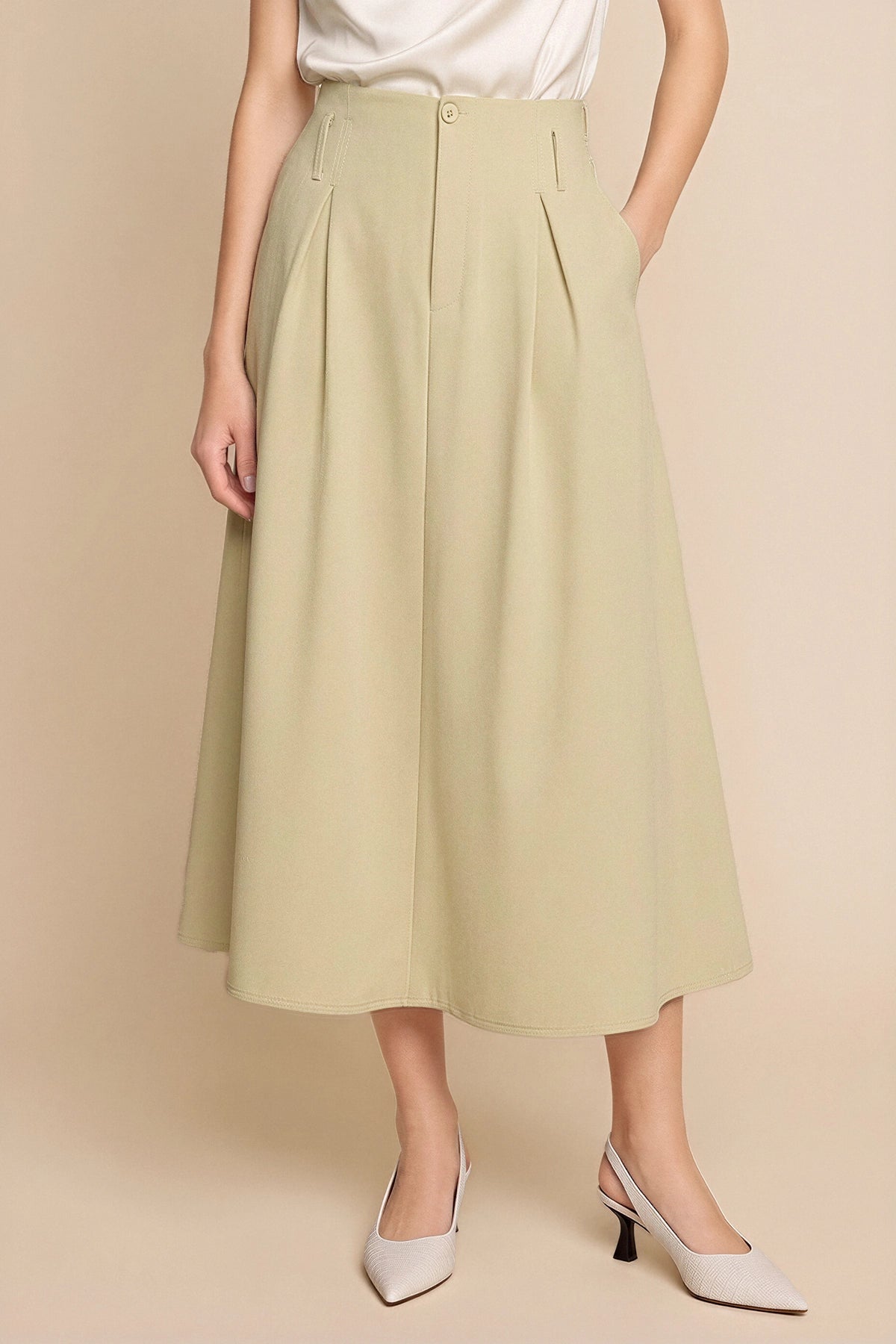 Women Beige Pleated Midi Skirt | CicyBell