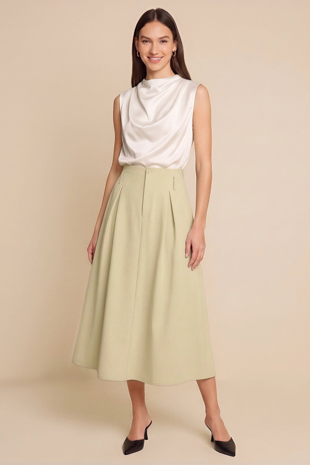 Women Beige Pleated Midi Skirt | CicyBell