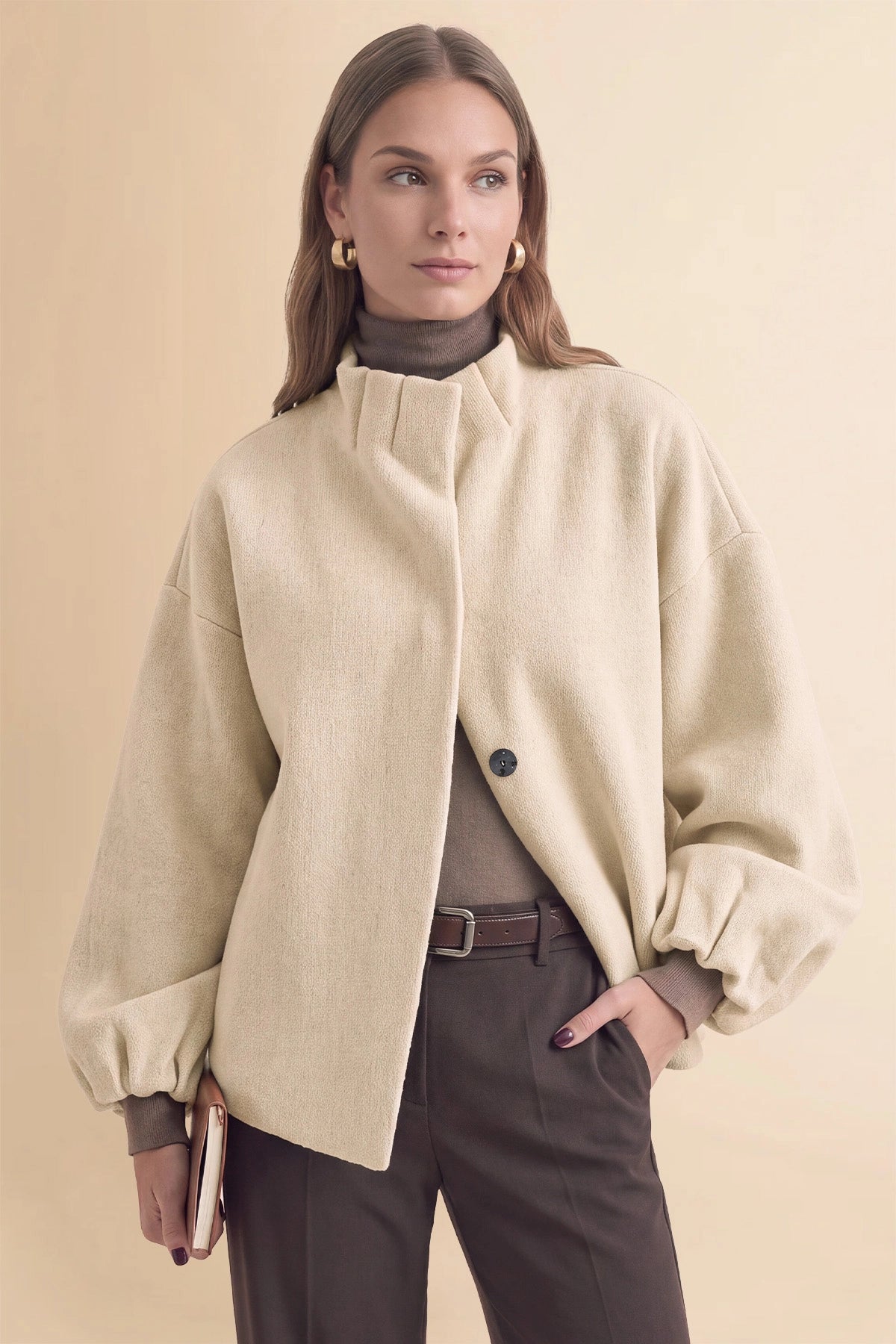 Womens Beige Mock Neck Sweater Cardigan | CicyBell