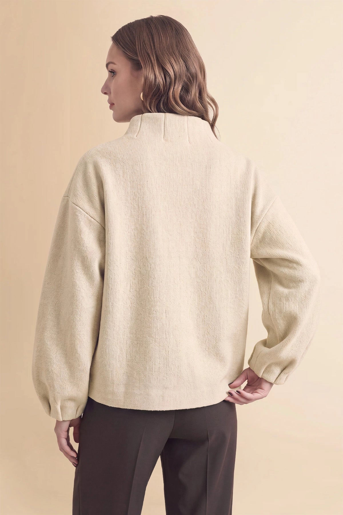 Womens Beige Mock Neck Sweater Cardigan | CicyBell